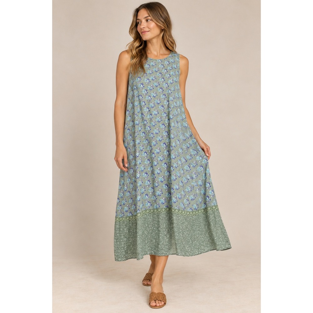 April Cornell Maxi Dress Womens Large Green Blue Floral Lace Trim Sleeveless